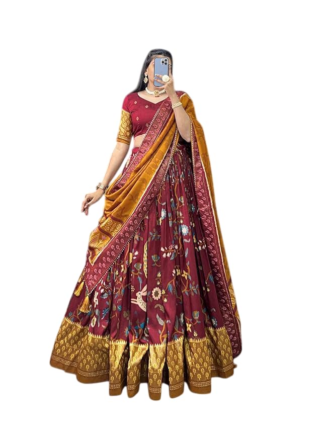 Trending Tussar Silk Lehenga Choli Print with Foil Work With Unstitched Blouse Patola Print Adorned with Foil Work For Navrati || Wedding