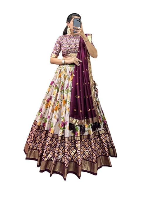 74 COLOR HALFSLIVE Women's Trending Designeer Tussar Silk Lehenga Choli Print with Foil Work With Unstitched Blouse Patola Print Adorned with Foil Work For Navrati || Wedding