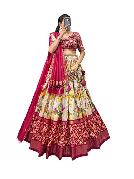 74 COLOR HALFSLIVE Women's Trending Designeer Tussar Silk Lehenga Choli Print with Foil Work With Unstitched Blouse Patola Print Adorned with Foil Work For Navrati || Wedding