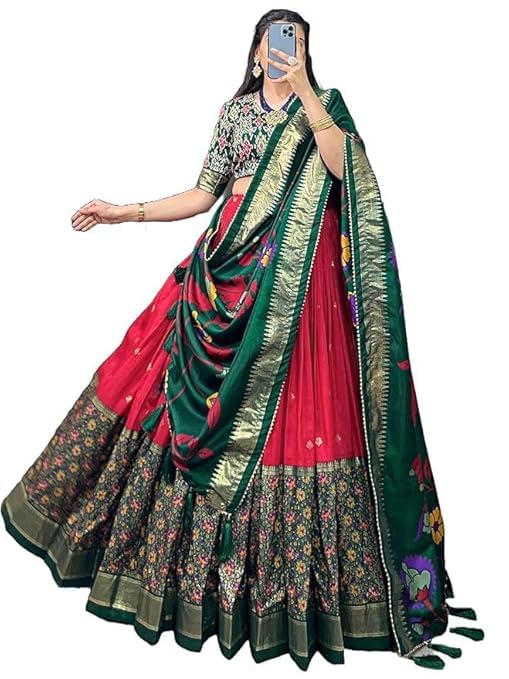 74 COLOR HALFSLIVE Women's Trending Designeer Tussar Silk Lehenga Choli Print with Foil Work With Unstitched Blouse Patola Print Adorned with Foil Work For Navrati || Wedding