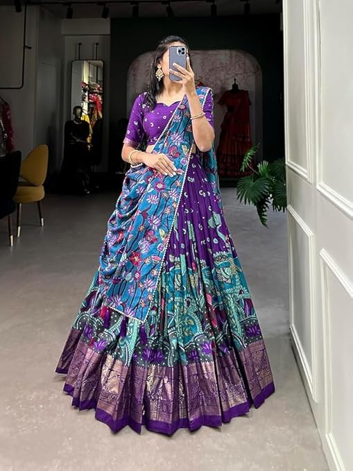 Women's Trending Designeer Tussar Silk Lehenga Choli Print with Foil Work With Unstitched Blouse Patola Print Adorned with Foil Work For Navrati || Wedding