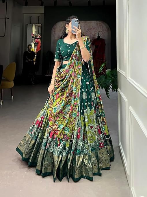 Women's Trending Designeer Tussar Silk Lehenga Choli Print with Foil Work With Unstitched Blouse Patola Print Adorned with Foil Work For Navrati || Wedding