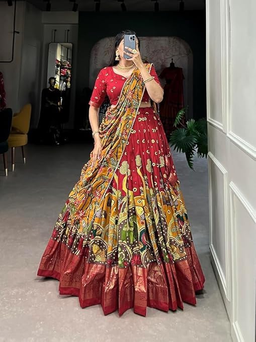 Women's Trending Designeer Tussar Silk Lehenga Choli Print with Foil Work With Unstitched Blouse Patola Print Adorned with Foil Work For Navrati || Wedding