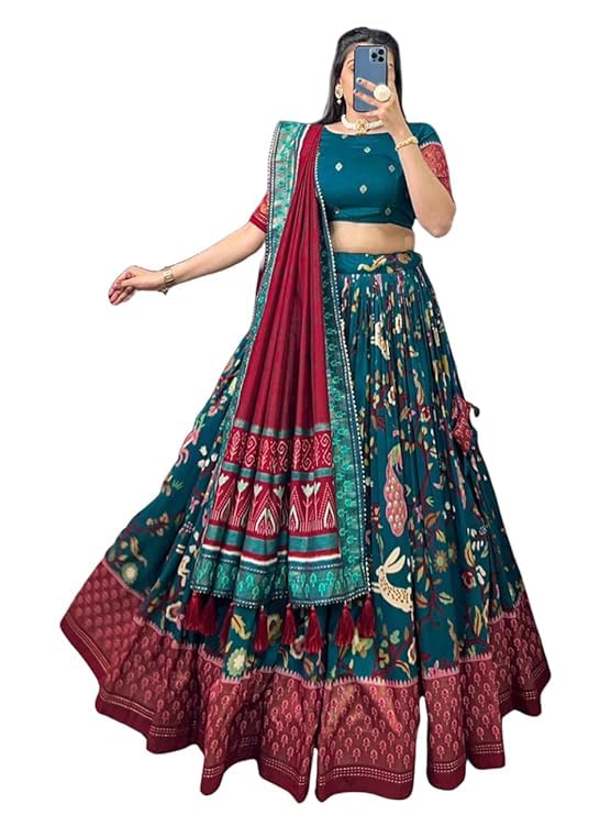 74 COLOR HALFSLIVE Women's Trending Designeer Tussar Silk Lehenga Choli Print with Foil Work With Unstitched Blouse Patola Print Adorned with Foil Work For Navrati || Wedding