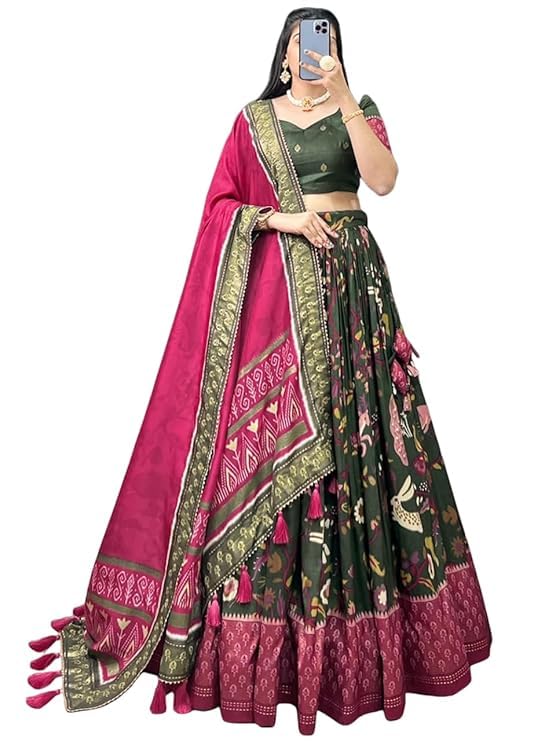 74 COLOR HALFSLIVE Women's Trending Designeer Tussar Silk Lehenga Choli Print with Foil Work With Unstitched Blouse Patola Print Adorned with Foil Work For Navrati || Wedding