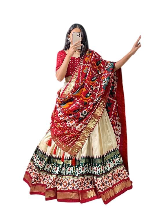 Trending Tussar Silk Lehenga Choli Print with Foil Work With Unstitched Blouse Patola Print Adorned with Foil Work For Navrati || Wedding