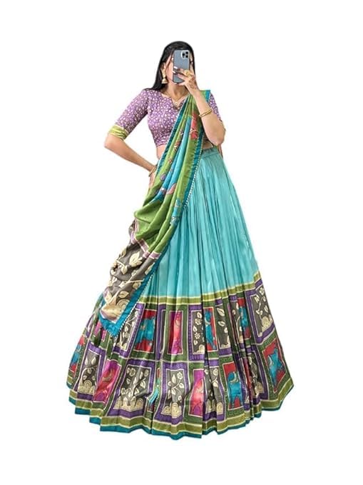 74 COLOR HALFSLIVE Women's Trending Designeer Tussar Silk Lehenga Choli Print with Foil Work With Unstitched Blouse Patola Print Adorned with Foil Work For Navrati || Wedding