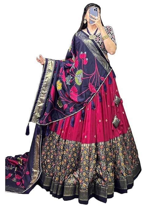 74 COLOR HALFSLIVE Women's Trending Designeer Tussar Silk Lehenga Choli Print with Foil Work With Unstitched Blouse Patola Print Adorned with Foil Work For Navrati || Wedding