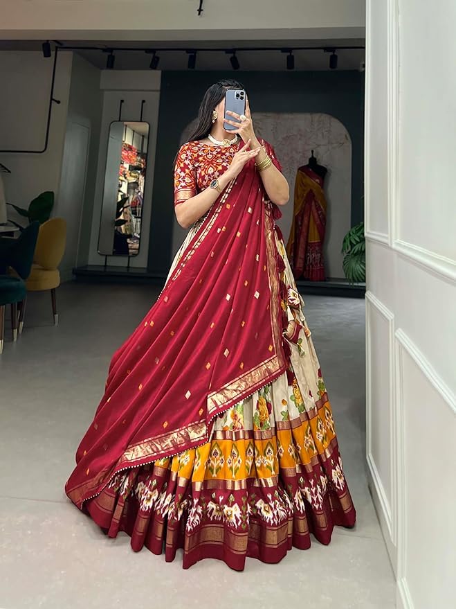Trending Tussar Silk Lehenga Choli Print with Foil Work With Unstitched Blouse Patola Print Adorned with Foil Work For Navrati || Wedding