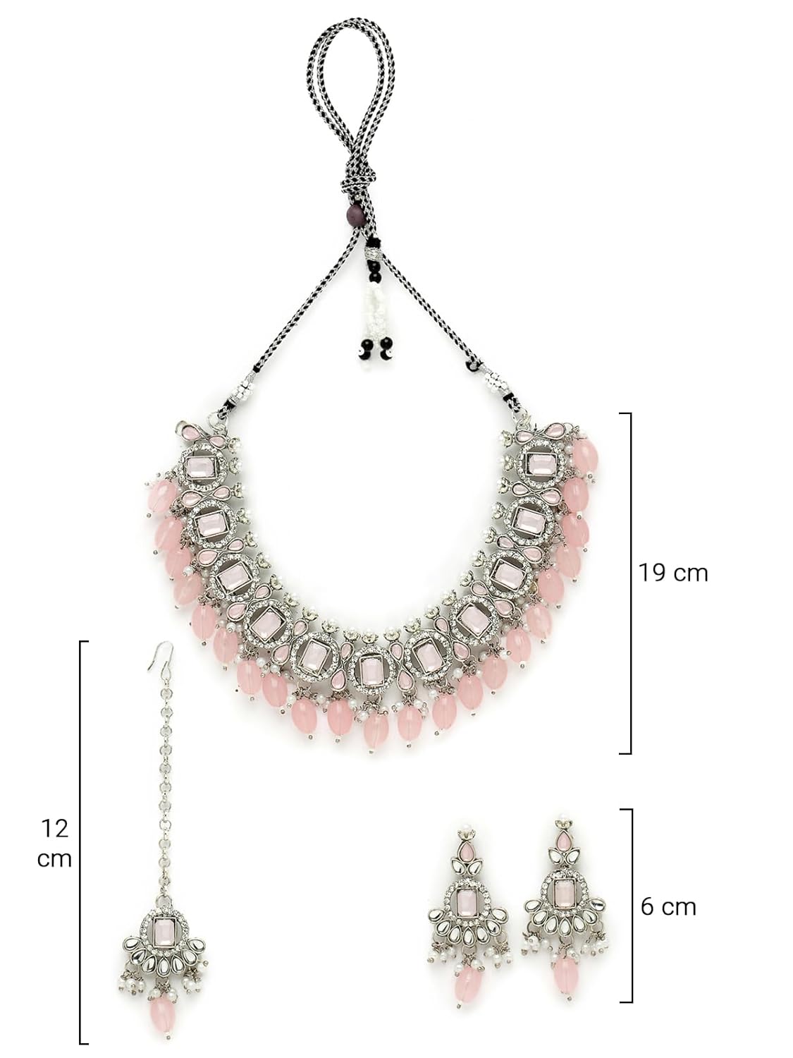 Sukkhi Artistic Rhodium Plated Pink AD Stone Collar Bone Necklace Set With Earring And Maangtika | Jewellery Set For Women (NS105698)