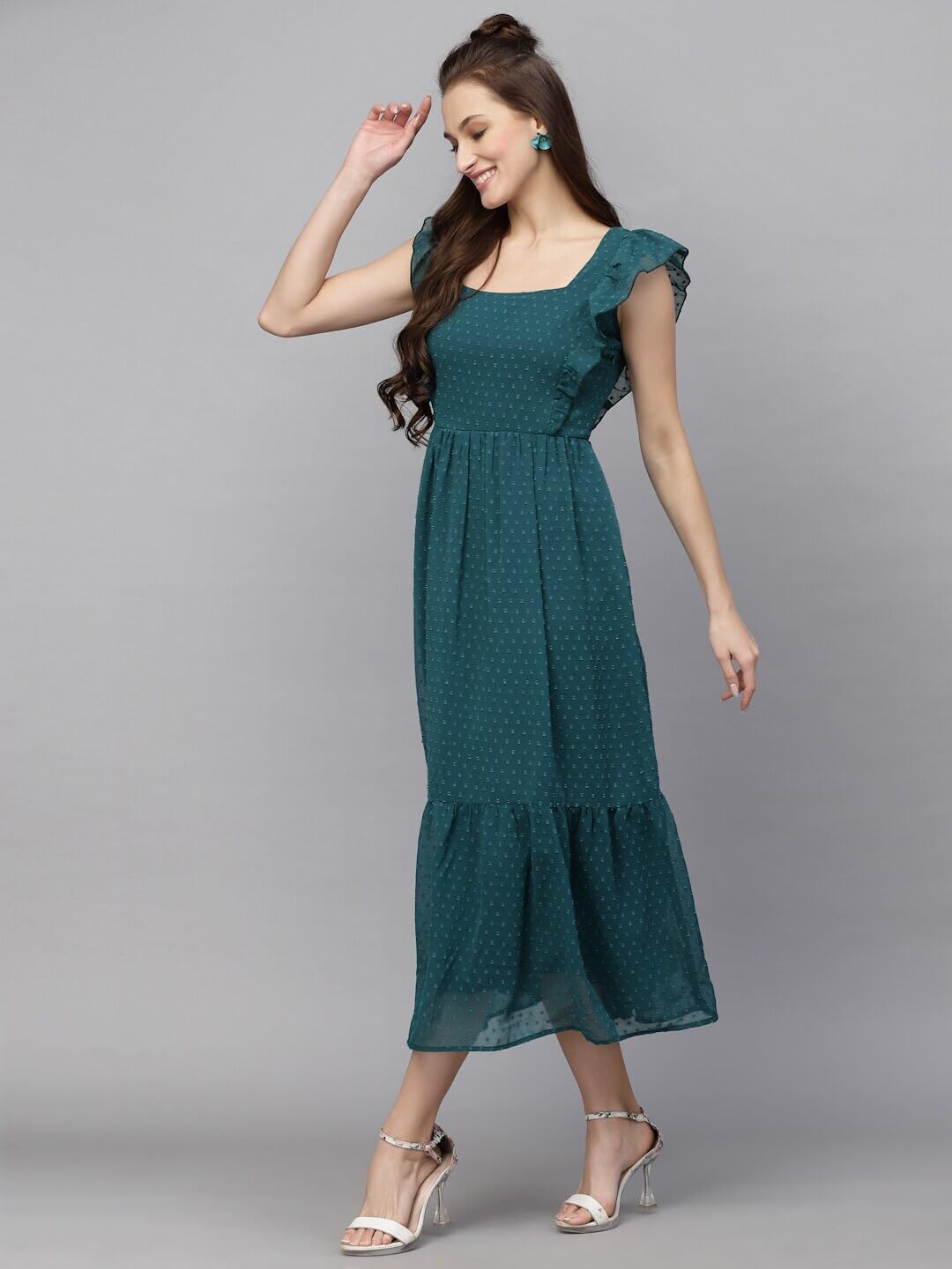 Georgette Jacquard Butti Square Neck Knee Length Western Dresses for Women (Dress2 89) 1