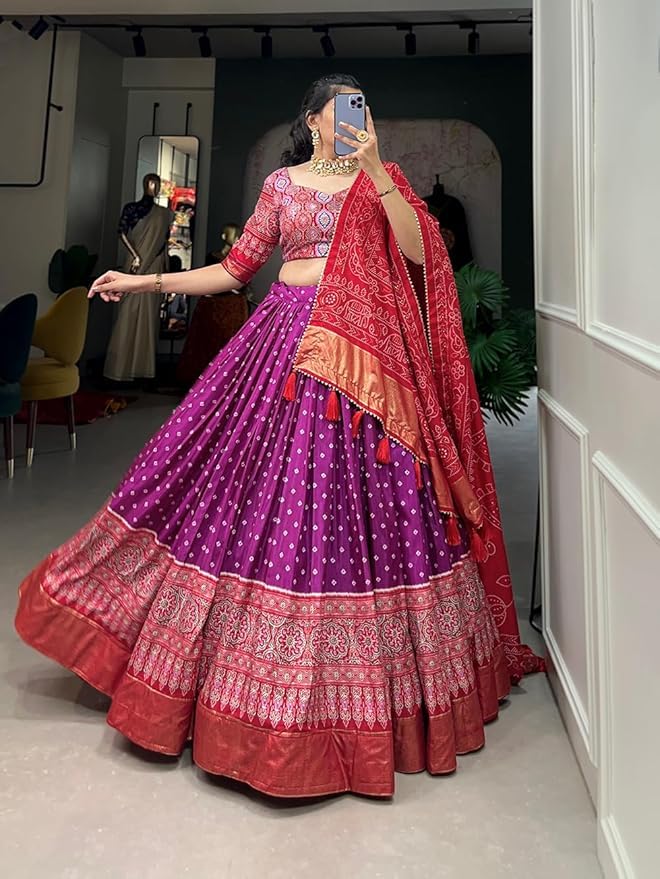 Trending Tussar Silk Lehenga Choli Print with Foil Work With Unstitched Blouse Patola Print Adorned with Foil Work For Navrati || Wedding
