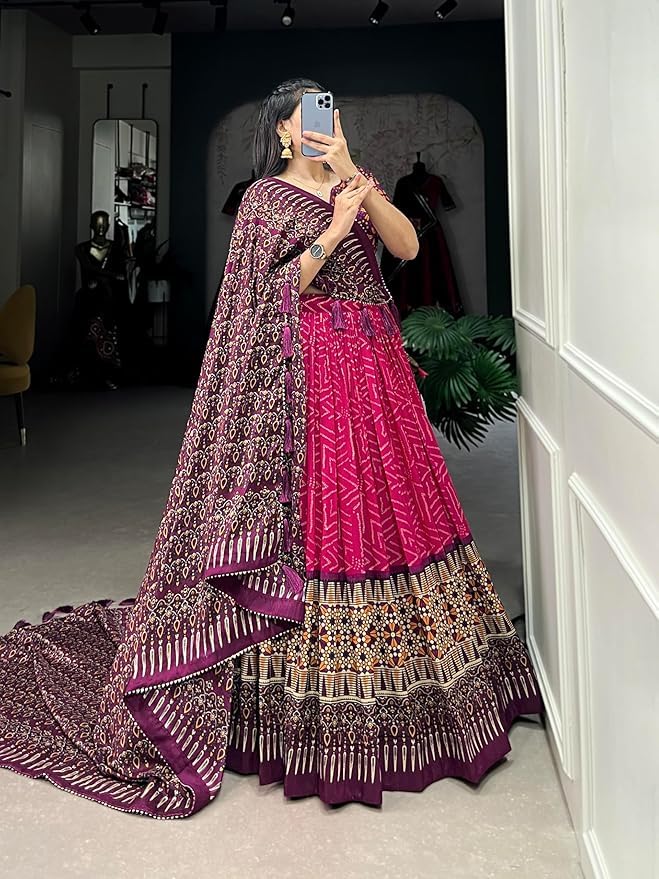 Trending Tussar Silk Lehenga Choli Print with Foil Work With Unstitched Blouse Patola Print Adorned with Foil Work For Navrati || Wedding