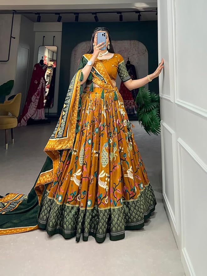 Women's Trending Designeer Tussar Silk Lehenga Choli Print with Foil Work With Unstitched Blouse Patola Print Adorned with Foil Work For Navrati || Wedding