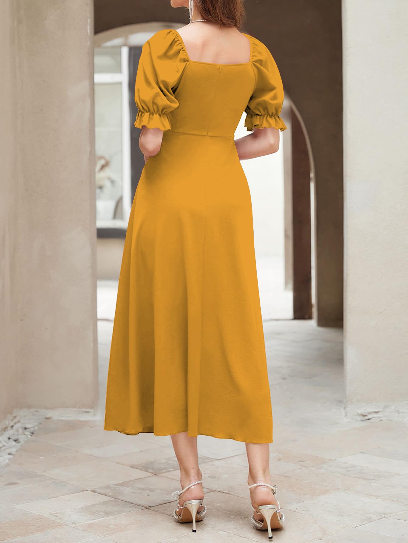 Shasmi Girl's & Women's Solid A-Line Ruched Puff Sleeve Maxi Long Evening One Piece Long Dress for Women Stylish (Dress 131)