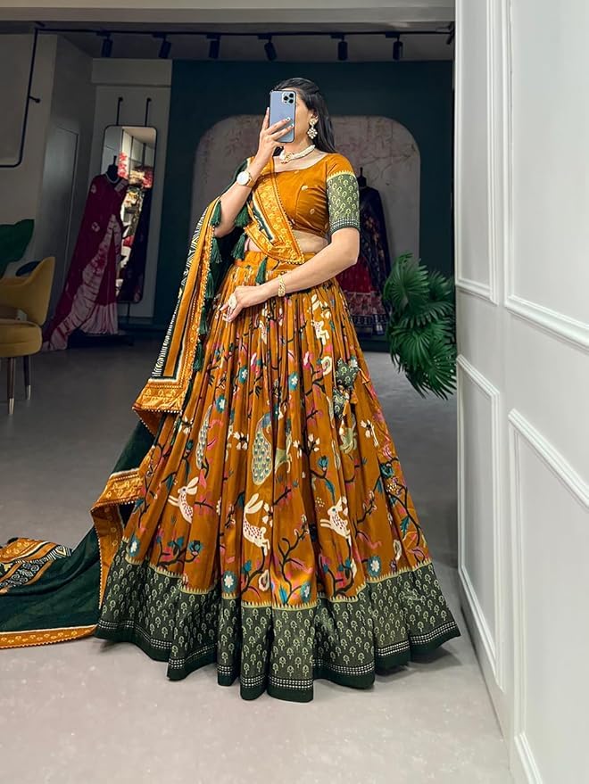 Women's Trending Designeer Tussar Silk Lehenga Choli Print with Foil Work With Unstitched Blouse Patola Print Adorned with Foil Work For Navrati || Wedding