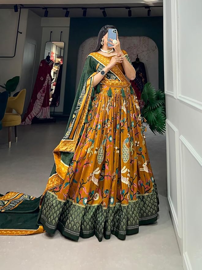 Women's Trending Designeer Tussar Silk Lehenga Choli Print with Foil Work With Unstitched Blouse Patola Print Adorned with Foil Work For Navrati || Wedding