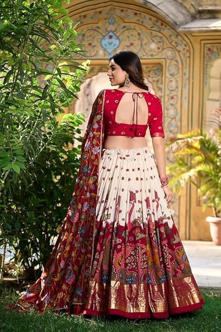 Women's Trending Designeer Tussar Silk Lehenga Choli Print with Foil Work With Unstitched Blouse Patola Print Adorned with Foil Work For Navrati || Wedding