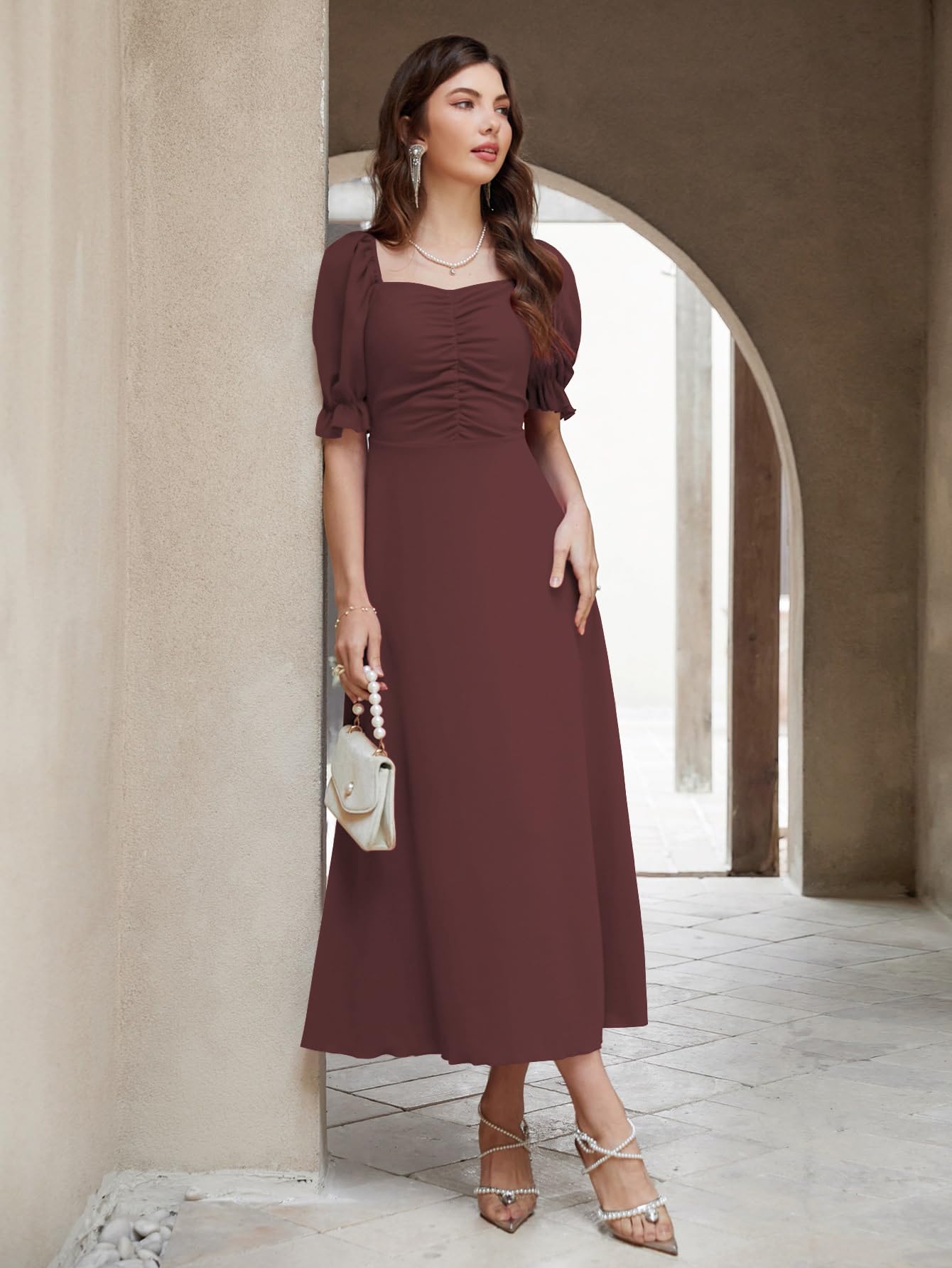 Shasmi Girl's & Women's Solid A-Line Ruched Puff Sleeve Maxi Long Evening One Piece Long Dress for Women Stylish (Dress 131)