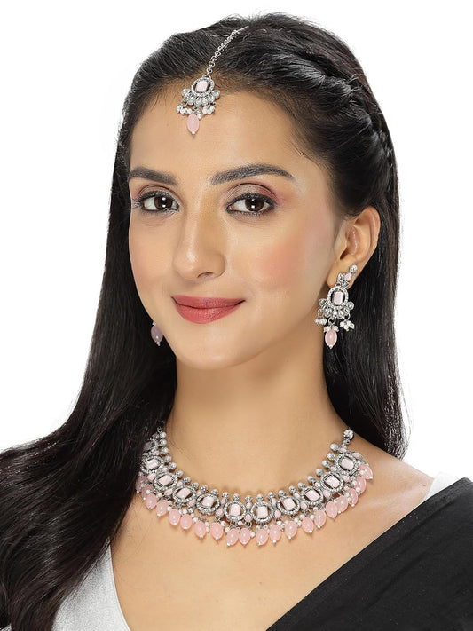 Sukkhi Artistic Rhodium Plated Pink AD Stone Collar Bone Necklace Set With Earring And Maangtika | Jewellery Set For Women (NS105698)