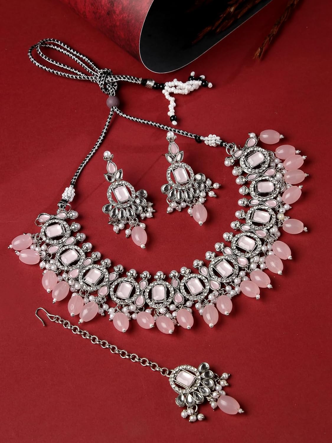 Sukkhi Artistic Rhodium Plated Pink AD Stone Collar Bone Necklace Set With Earring And Maangtika | Jewellery Set For Women (NS105698)