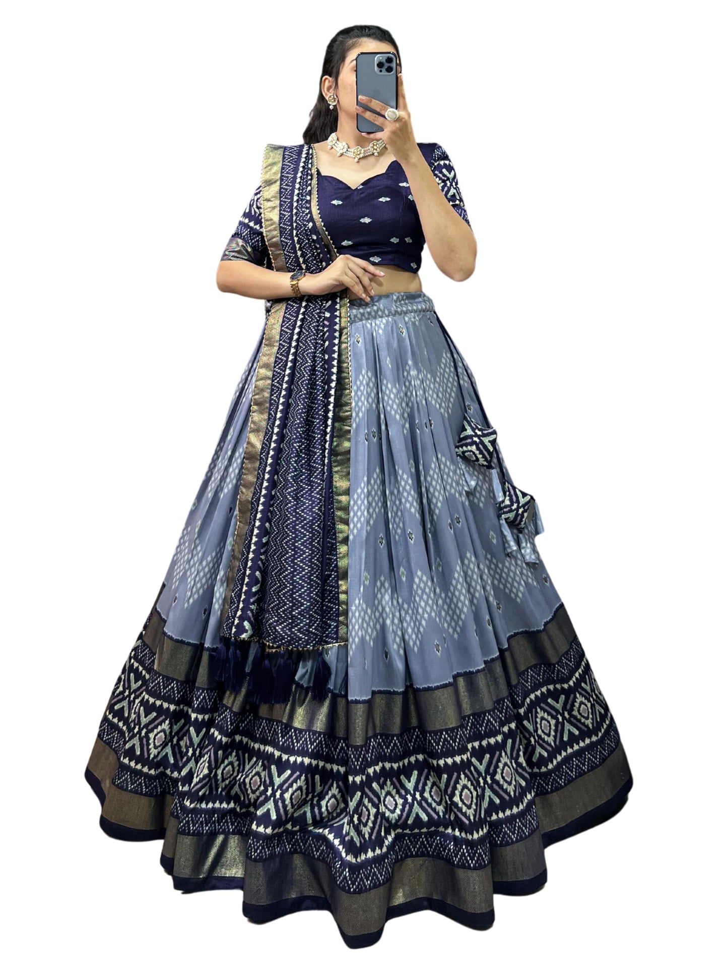 74 COLOR HALFSLIVE Women's Trending Designeer Tussar Silk Lehenga Choli Print with Foil Work With Unstitched Blouse Patola Print Adorned with Foil Work For Navrati || Wedding