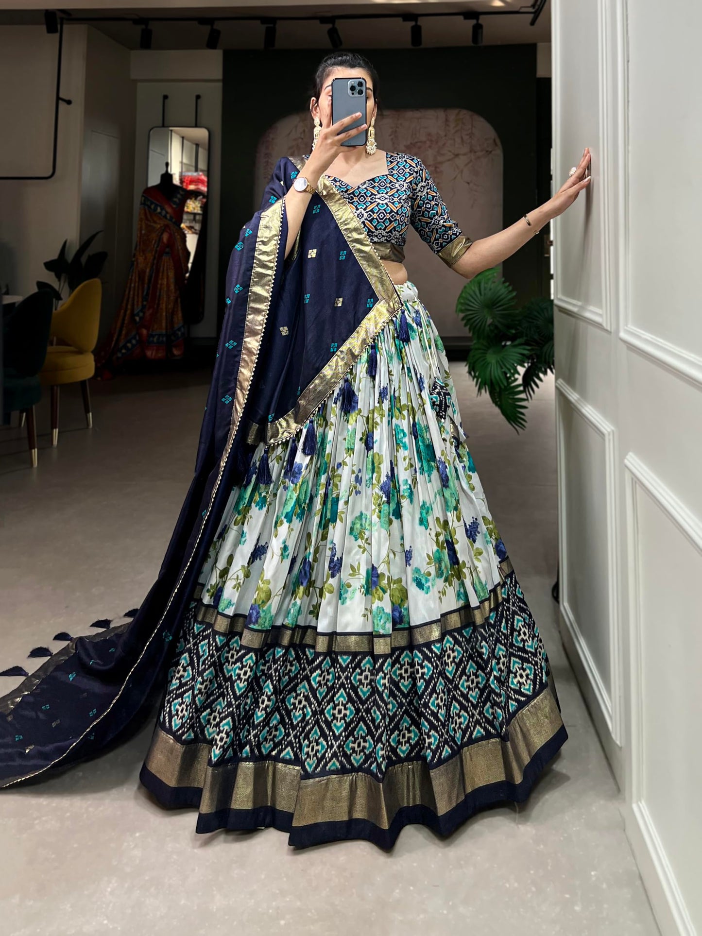 74 COLOR HALFSLIVE Women's Trending Designeer Tussar Silk Lehenga Choli Print with Foil Work With Unstitched Blouse Patola Print Adorned with Foil Work For Navrati || Wedding