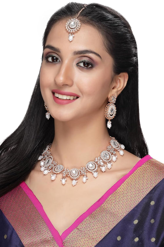 Sukkhi Traditional Gold Plated AD Stone Collar Bone Necklace Set With Earring And Maangtika | Jewellery Set For Women (NS105700)