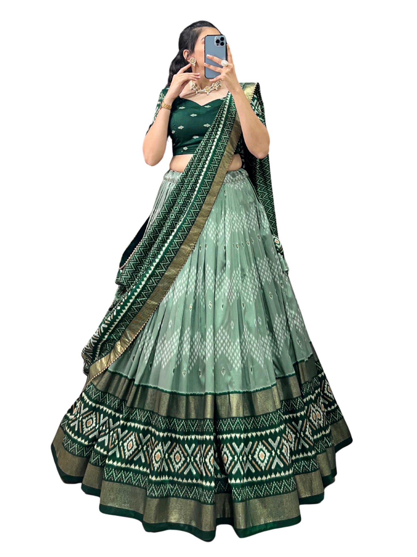 74 COLOR HALFSLIVE Women's Trending Designeer Tussar Silk Lehenga Choli Print with Foil Work With Unstitched Blouse Patola Print Adorned with Foil Work For Navrati || Wedding