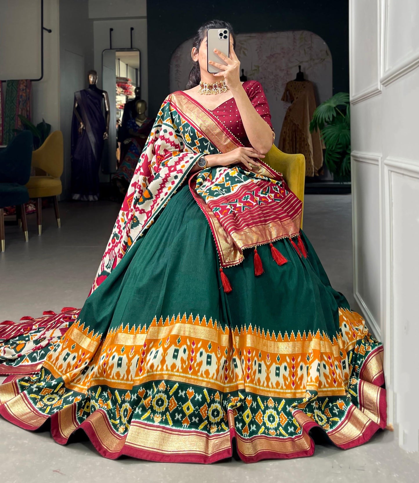 74 COLOR HALFSLIVE Women's Trending Designeer Tussar Silk Lehenga Choli Print with Foil Work With Unstitched Blouse Patola Print Adorned with Foil Work For Navrati || Wedding