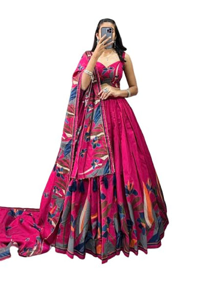 HETRANG Women's Tussar Silk With Patola Print And Foil Work Stitched Lehenga Choli (Pink),Free Size