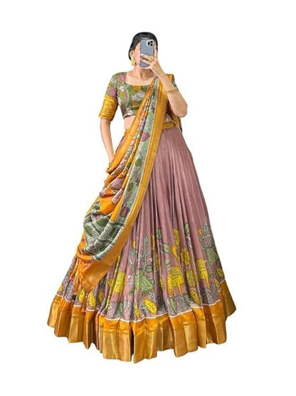 74 COLOR HALFSLIVE Women's Trending Designeer Tussar Silk Lehenga Choli Print with Foil Work With Unstitched Blouse Patola Print Adorned with Foil Work For Navrati || Wedding