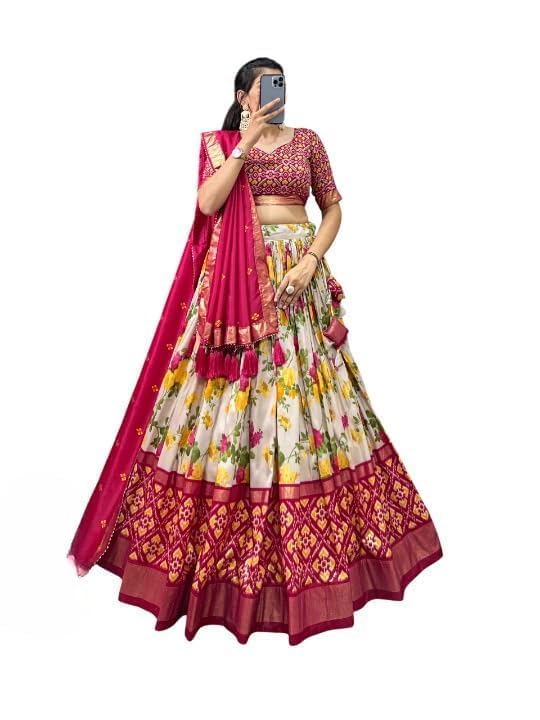 Trending Tussar Silk Lehenga Choli Print with Foil Work With Unstitched Blouse Patola Print Adorned with Foil Work For Navrati || Wedding