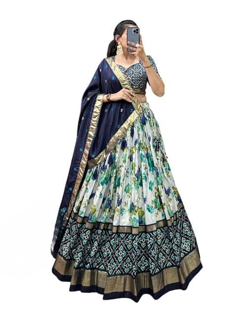 74 COLOR HALFSLIVE Women's Trending Designeer Tussar Silk Lehenga Choli Print with Foil Work With Unstitched Blouse Patola Print Adorned with Foil Work For Navrati || Wedding