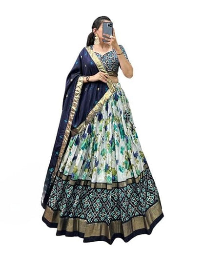 74 COLOR HALFSLIVE Women's Trending Designeer Tussar Silk Lehenga Choli Print with Foil Work With Unstitched Blouse Patola Print Adorned with Foil Work For Navrati || Wedding