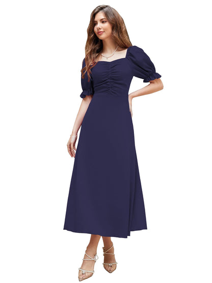 Shasmi Girl's & Women's Solid A-Line Ruched Puff Sleeve Maxi Long Evening One Piece Long Dress for Women Stylish (Dress 131)