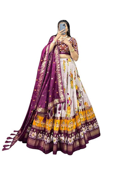 74 COLOR HALFSLIVE Women's Trending Designeer Tussar Silk Lehenga Choli Print with Foil Work With Unstitched Blouse Patola Print Adorned with Foil Work For Navrati || Wedding