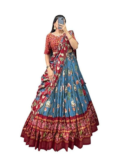 74 COLOR HALFSLIVE Women's Trending Designeer Tussar Silk Lehenga Choli Print with Foil Work With Unstitched Blouse Patola Print Adorned with Foil Work For Navrati || Wedding