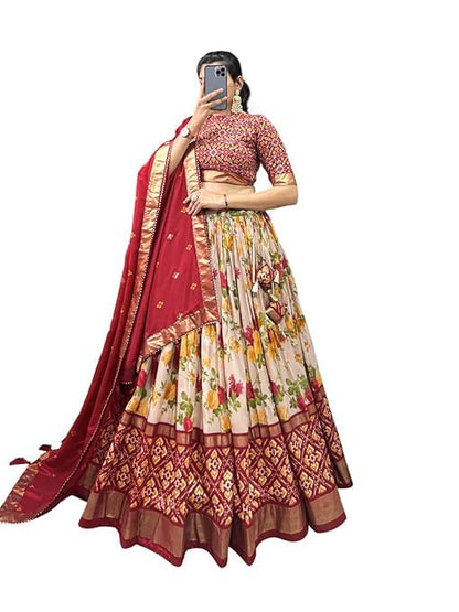 74 COLOR HALFSLIVE Women's Trending Designeer Tussar Silk Lehenga Choli Print with Foil Work With Unstitched Blouse Patola Print Adorned with Foil Work For Navrati || Wedding