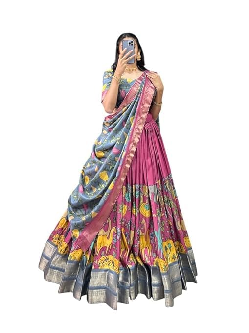 74 COLOR HALFSLIVE Women's Trending Designeer Tussar Silk Lehenga Choli Print with Foil Work With Unstitched Blouse Patola Print Adorned with Foil Work For Navrati || Wedding
