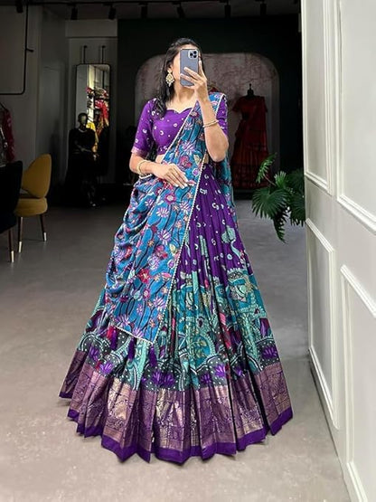 Women's Trending Designeer Tussar Silk Lehenga Choli Print with Foil Work With Unstitched Blouse Patola Print Adorned with Foil Work For Navrati || Wedding