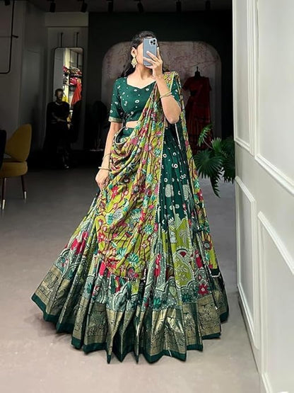 Women's Trending Designeer Tussar Silk Lehenga Choli Print with Foil Work With Unstitched Blouse Patola Print Adorned with Foil Work For Navrati || Wedding
