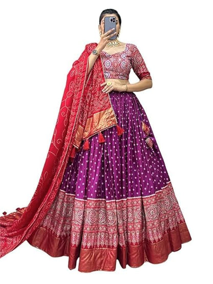 74 COLOR HALFSLIVE Women's Trending Designeer Tussar Silk Lehenga Choli Print with Foil Work With Unstitched Blouse Patola Print Adorned with Foil Work For Navrati || Wedding