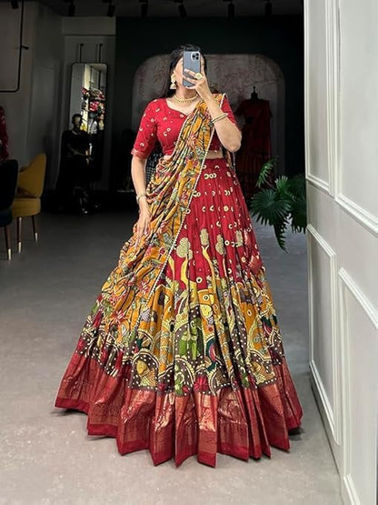 Women's Trending Designeer Tussar Silk Lehenga Choli Print with Foil Work With Unstitched Blouse Patola Print Adorned with Foil Work For Navrati || Wedding
