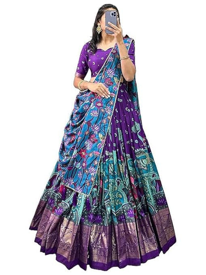 74 COLOR HALFSLIVE Women's Trending Designeer Tussar Silk Lehenga Choli Print with Foil Work With Unstitched Blouse Patola Print Adorned with Foil Work For Navrati || Wedding