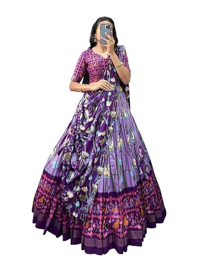 74 COLOR HALFSLIVE Women's Trending Designeer Tussar Silk Lehenga Choli Print with Foil Work With Unstitched Blouse Patola Print Adorned with Foil Work For Navrati || Wedding
