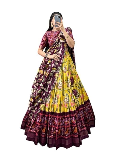74 COLOR HALFSLIVE Women's Trending Designeer Tussar Silk Lehenga Choli Print with Foil Work With Unstitched Blouse Patola Print Adorned with Foil Work For Navrati || Wedding