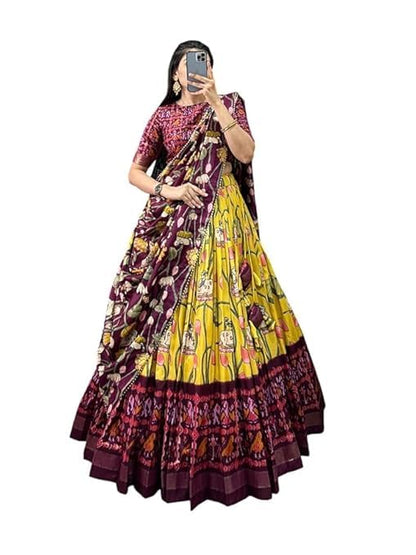 74 COLOR HALFSLIVE Women's Trending Designeer Tussar Silk Lehenga Choli Print with Foil Work With Unstitched Blouse Patola Print Adorned with Foil Work For Navrati || Wedding