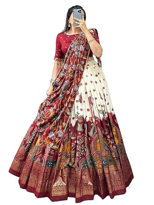 74 COLOR HALFSLIVE Women's Trending Designeer Tussar Silk Lehenga Choli Print with Foil Work With Unstitched Blouse Patola Print Adorned with Foil Work For Navrati || Wedding