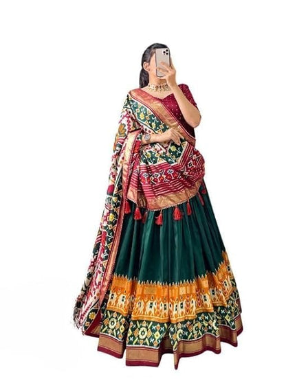 74 COLOR HALFSLIVE Women's Trending Designeer Tussar Silk Lehenga Choli Print with Foil Work With Unstitched Blouse Patola Print Adorned with Foil Work For Navrati || Wedding